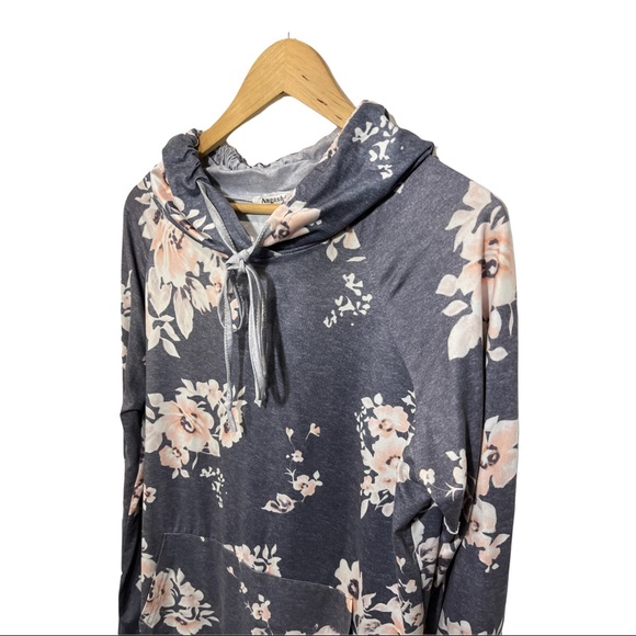 ANGASHION MARLED GRAY AND BLUSH PINK FLORAL LS SOFT STRETCHY HOODIE TOP - Picture 6 of 13